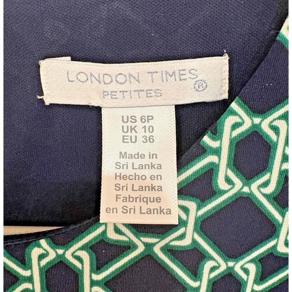 London Times Dress Women's Size 6P Petites Navy Blue Green Printed A-Line NWT - Picture 8 of 12